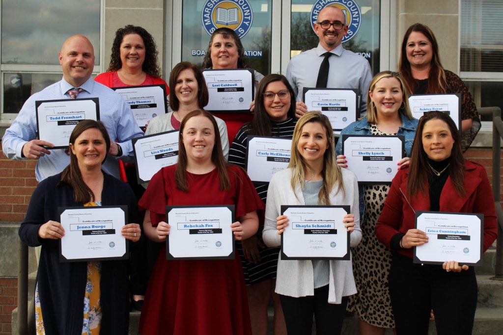 Teacher of the Year nominees are pictured from left front row: Jenna Burge, Rebekah Fox, Shayla Schmidt and Erica Cunningham. Middle row: Todd Fromhart, Lisa Woods, Carly McElhaney and Shelly Lynch. Back row: Mindy Thomas, Lori Caldwell, Gavin Hartle and Ashley Fecat.