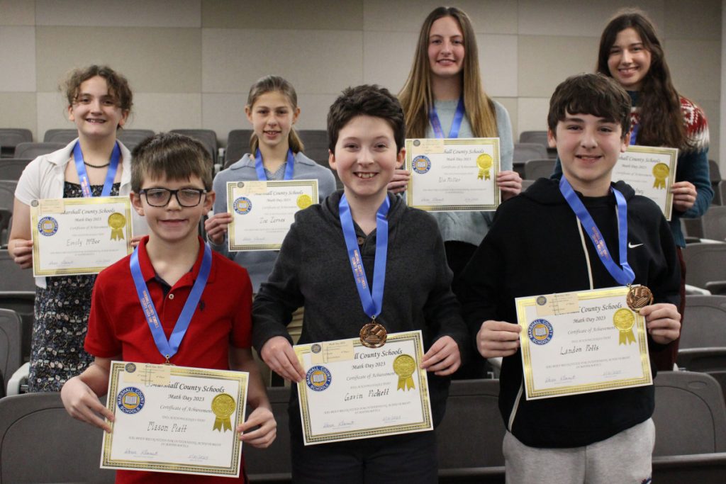 Pictured are the 4th place winners of the 2023 Marshall County Math Field Day. Back row from left: Mason Piatt, Gavin Pickett and Landon Potts. Back row from left: Emily McBee, Zoe Zervos, Nia Miller and Victoria Kidney.
